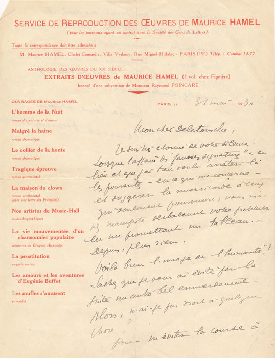 Maurice Hamel et des fausses signatures Germain Delatousche 6 lettres autographee
