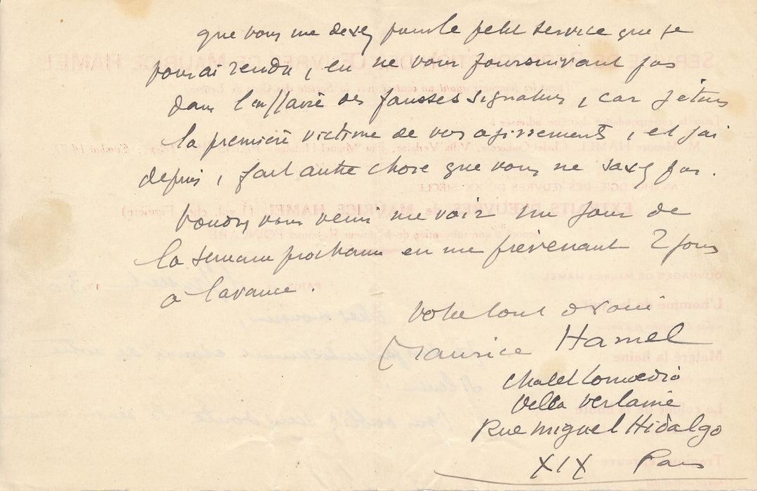 Maurice Hamel et des fausses signatures Germain Delatousche 6 lettres autographee