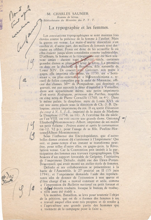 Charles Saunier critique d’art La Typographie et les femmes manuscrit signé