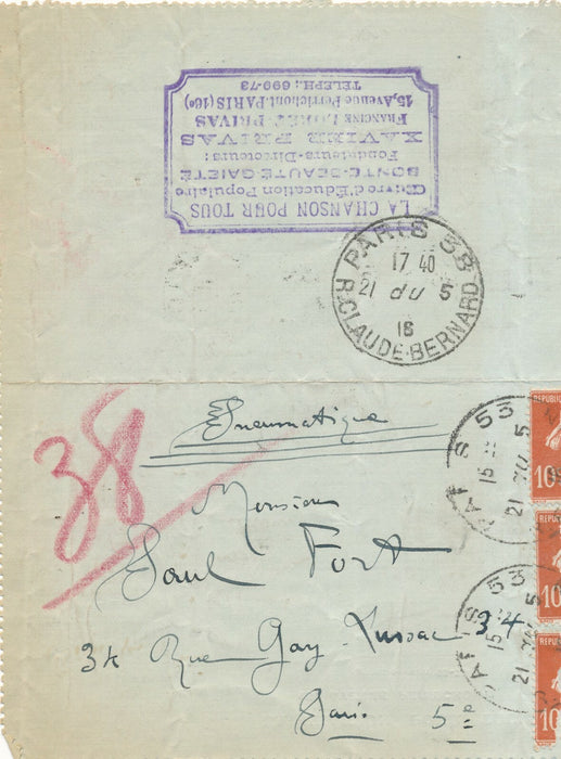 Xavier PRIVAS chanson poète compositeur lettre autographe signée à F. Febvre