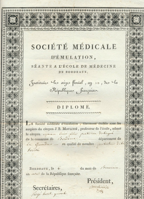 3 certificats signés Antoine Ignace Bonaventure Carrié Carrie chimie chrirurgie