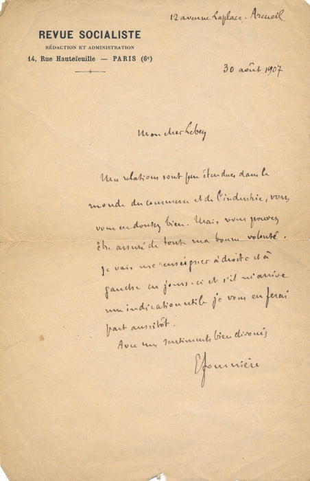 Eugène FOURNIÈRE figure du socialisme lettre autographe signée monde industrie