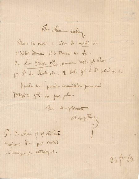 CHAMPFLEURY achète enchères libraire Aubry Paul de Kock lettre autographe