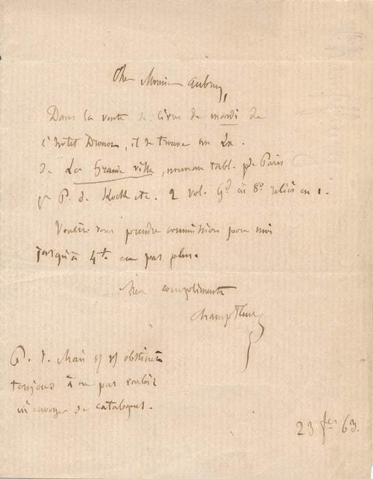 CHAMPFLEURY achète enchères libraire Aubry Paul de Kock lettre autographe