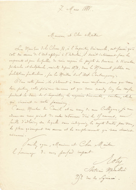 Oscar ROTY sculpteur exposition universelle 1889 décoration lettre autographe