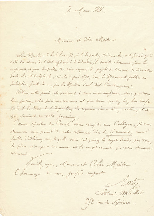 Oscar ROTY sculpteur exposition universelle 1889 décoration lettre autographe