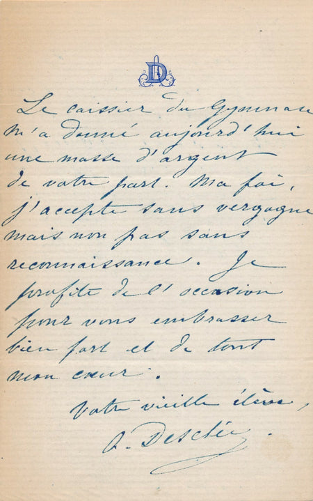 actrice Aimée Olympe DESCLÉE lettre autographe signée somme d'argent