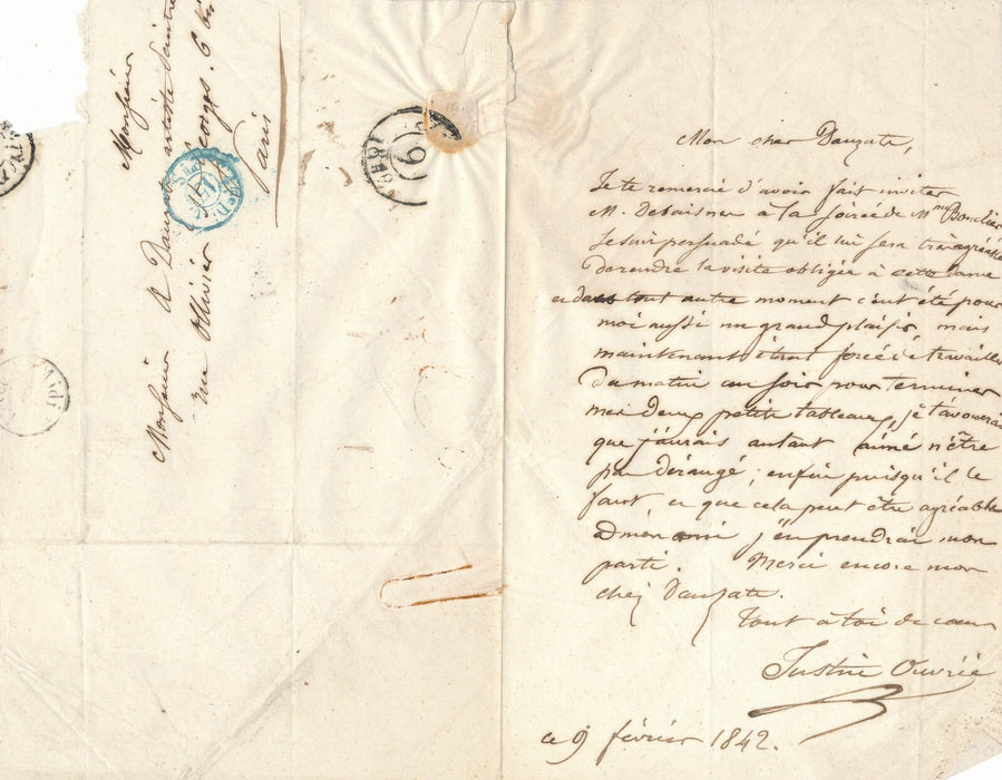 Justin OUVRIÉ lettre autographe au peintre Adrien DAUZATS 1842 Debaisne Boudier