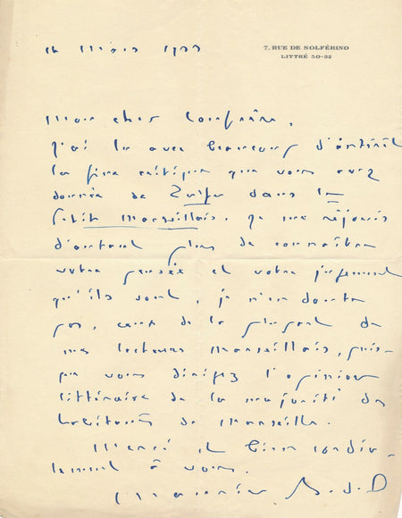Maurice BEDEL lecteurs marseillais Marseille lettre autographe signée Zigzags