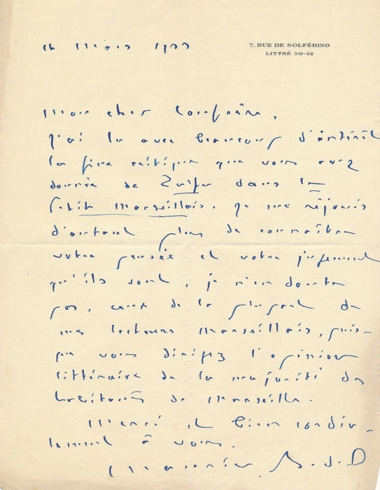 Maurice BEDEL lecteurs marseillais Marseille lettre autographe signée Zigzags