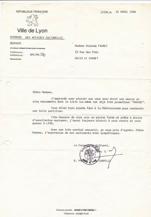 Chef Orchestre musique Robert Proton de la Chapelle correspondance femme Tzipine