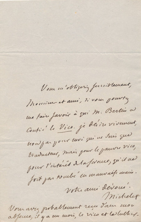 Jules Michelet défend son Vico ! Lettre autographe signée