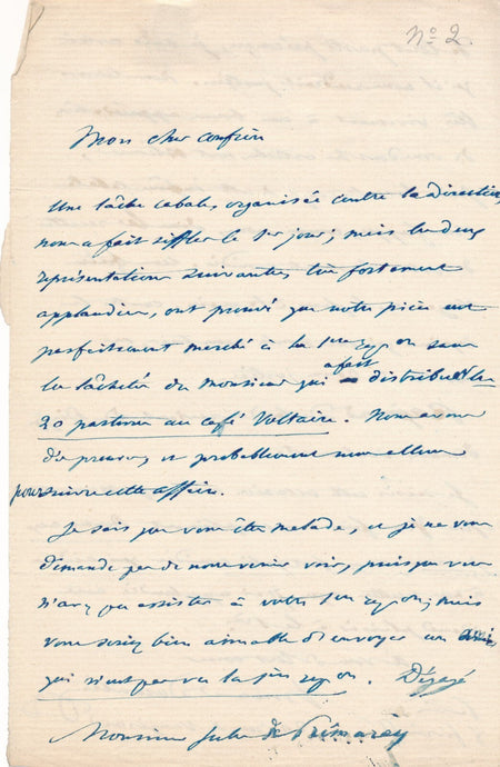 Théâtre Armand DURANTIN sifflets à la Première  J. de Prémaray lettre autographe