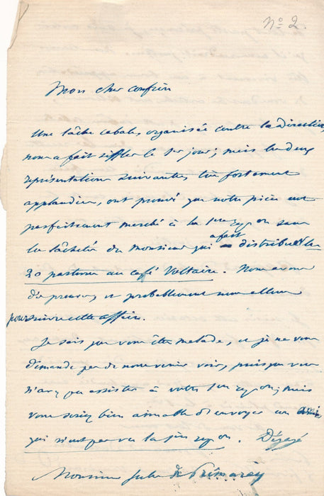 Théâtre Armand DURANTIN sifflets à la Première  J. de Prémaray lettre autographe