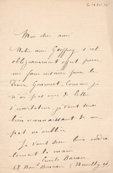 peintre Émile Barau lettre autographe signée Geffroy Goncourt dîner Reims