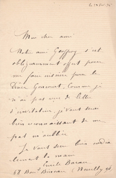 peintre Émile Barau lettre autographe signée Geffroy Goncourt dîner Reims