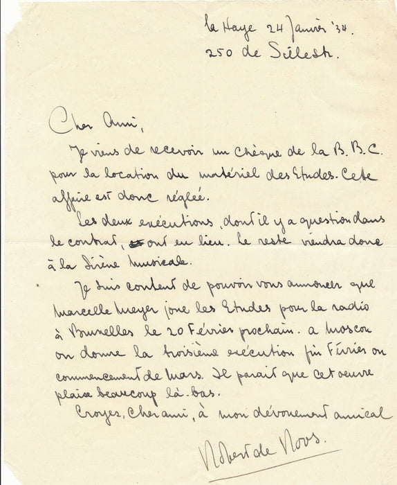 Robert de ROOS compositeur hollandais lettre autographe signée Marcelle Meyer 