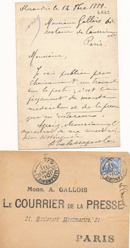 A. VALASSOPOULO médecin Alexandrie livre sur la peste lettre autographe signée