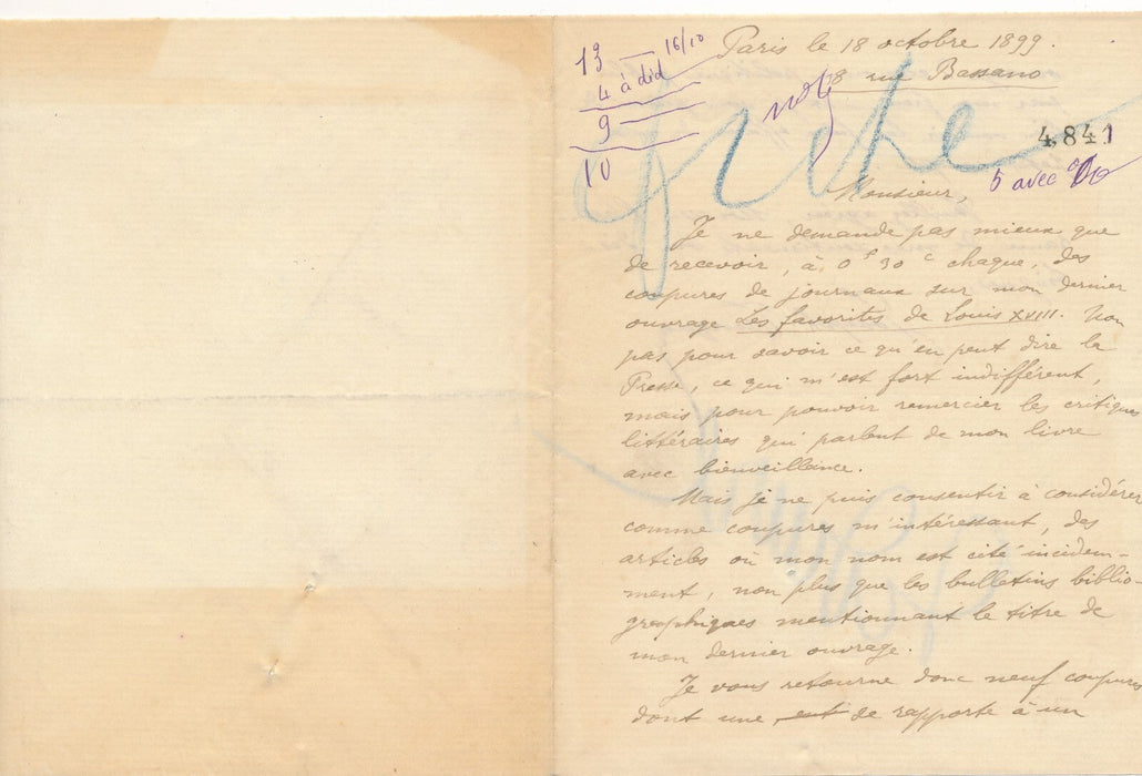 Joseph TURQUAN Lettre autographe signée presse pour Les Favorites de Louis XVIII