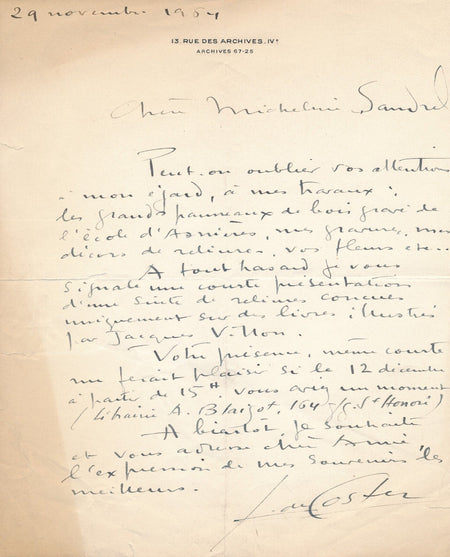 Germaine de COSTER gravure reliure lettre autographe intéressant Blaizot