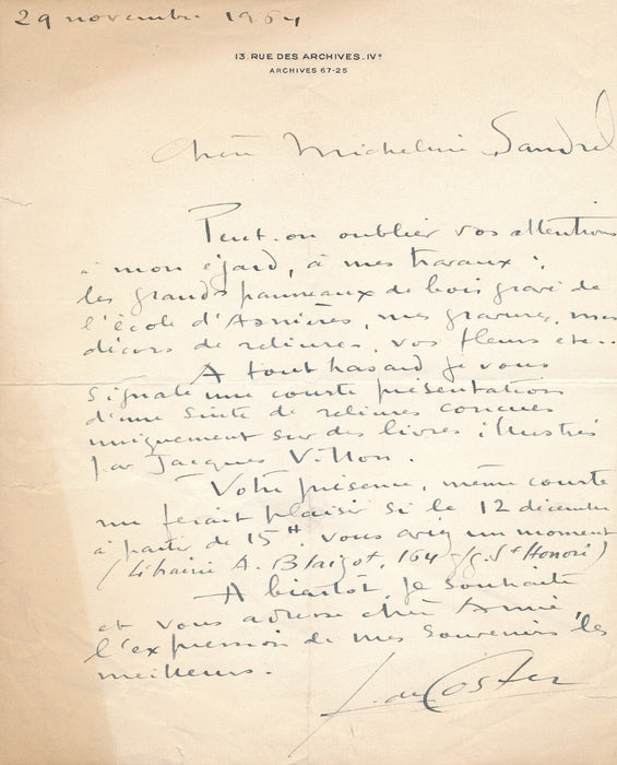 Germaine de COSTER gravure reliure lettre autographe intéressant Blaizot