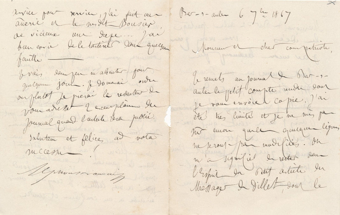 Alphonse BAUDOUIN  7 lettres autographes signées à Eugène de LA COTTIÈRE Aube