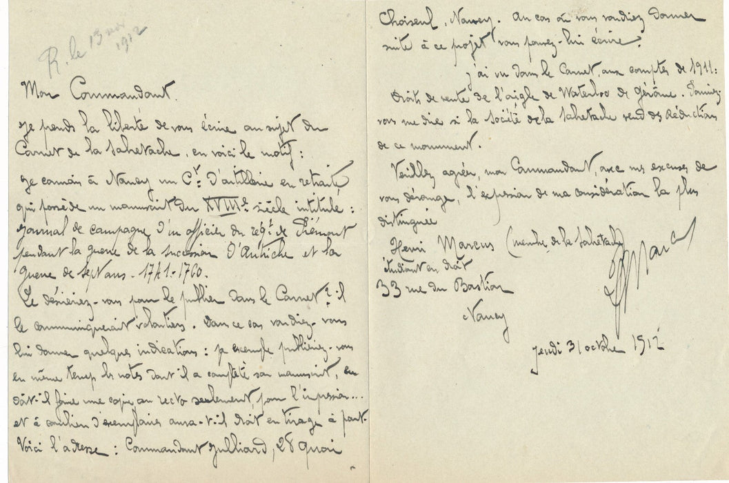 Henri MARCUS découvre un manuscrit art musée Lorrain lettre autographe signée