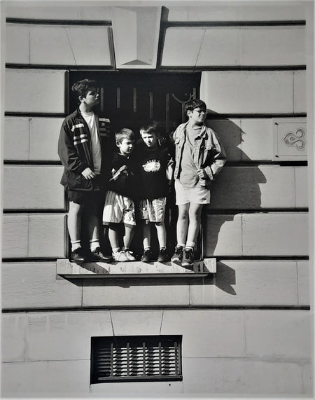 Enfants rebord fenêtre photo sur papier RC années 1980 30,5 x 24