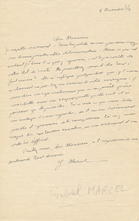 Gabriel Honoré MARCEL lettre autographe signée existentialisme chrétien