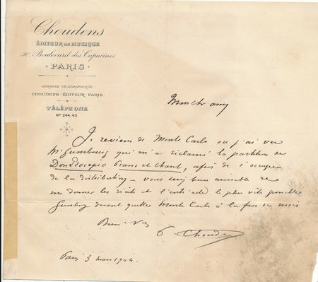 Paul CHOUDENS fils Antoine éditeur de musique Paris 7 lettres Bizet Don Procapio