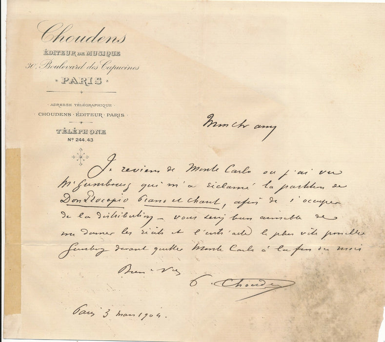 Paul CHOUDENS fils Antoine éditeur de musique Paris 7 lettres Bizet Don Procapio