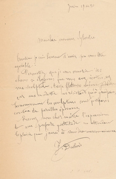 sculpteurJules DESBOIS  bonne autant que belle lettre autographe signée