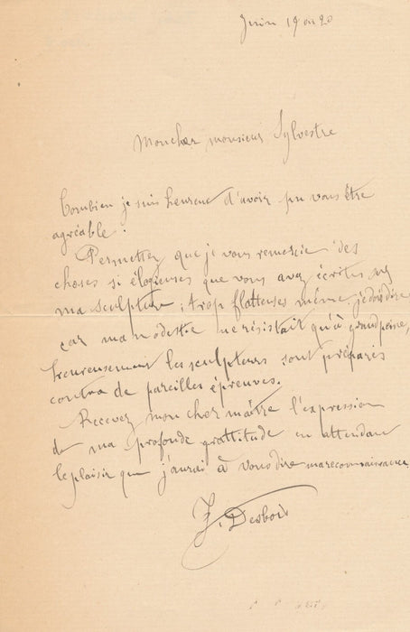 sculpteurJules DESBOIS  bonne autant que belle lettre autographe signée