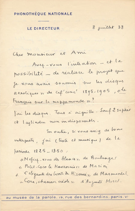 Roger DÉVIGNE 3 intéressantes lettres sur la redécouverte chanson française 1938