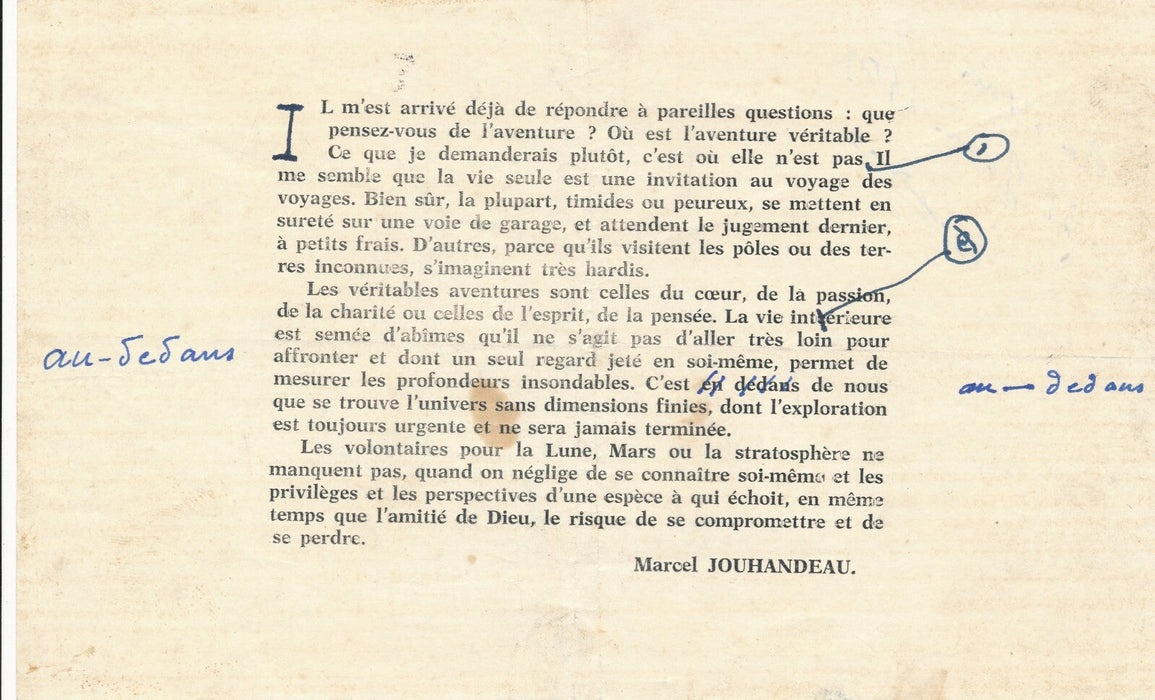Marcel JOUHANDEAU manuscrit autographe 2 p. Dun-le-Palestel et BAT signé