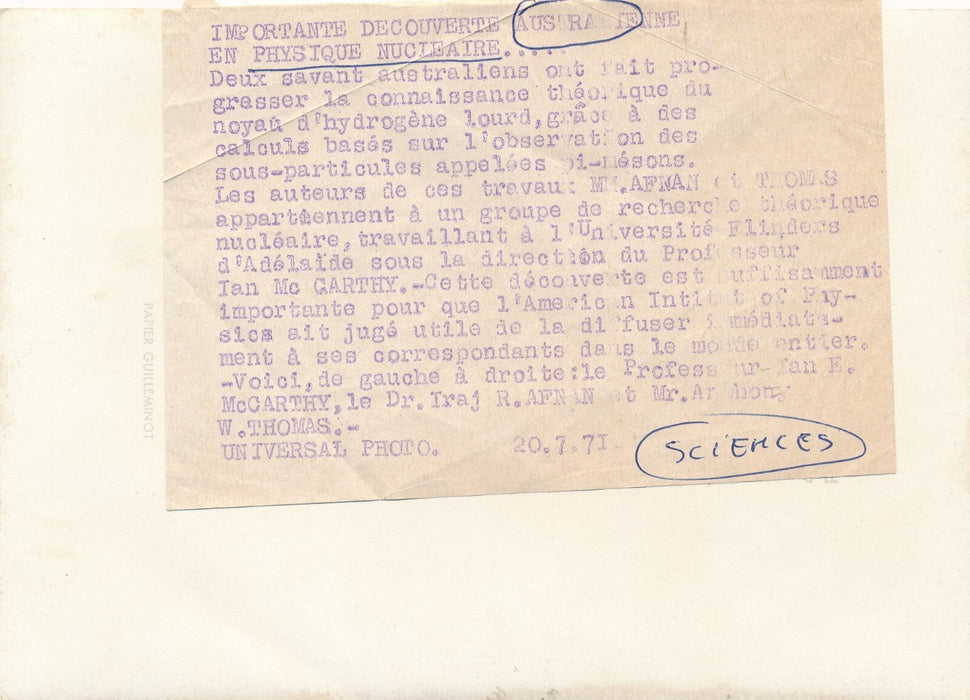 NUCLÉAIRE scientifiques australiens Ian McCarthy  Iraj et R. Afn nuclear