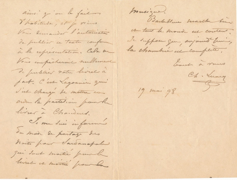 Charles LECOCQ compositeur lettre autographe signée Richard O Monroy  Barbe Bleu