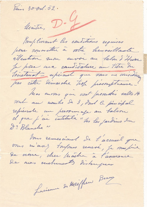 Lucienne de MEIFFREN candidate pour salon d'Hiver 2 lettres autographes signées
