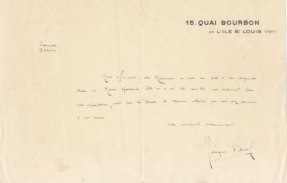 Jacques DEVAL lettre autographe signée critique sur Marie Galante 