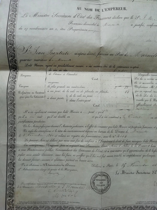 Acte signé Magne francisation navire Saint Jean-Baptiste, Marseille Jourdan 1860