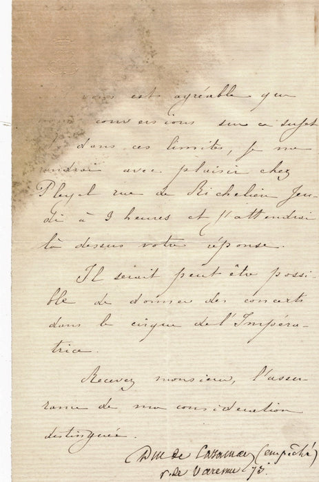 DUC DE CARAMAN 1762-1839 lettre signée musique Société de musique Sainte Cecile