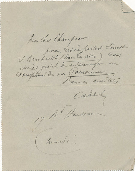 COQUELIN CADET acteur à Félicien Champsaur Bernhardt lettre autographe signée