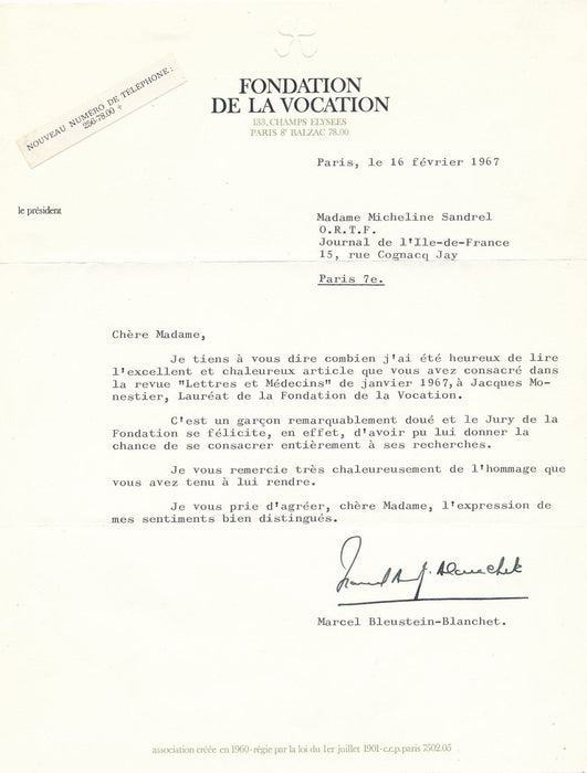 Marcel BLEUSTEIN-BLANCHET lettre signée Fondation de la Vocation Publicis