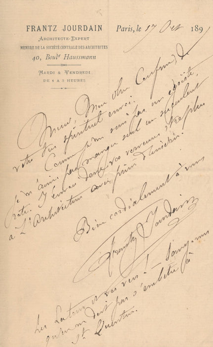 Frantz JOURDAIN architecte 3 lettres autographes signées Joachim MALÉZIEUX