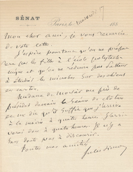 Jules Simon 2 lettres autographes signées contre les femmes à polytechnique !