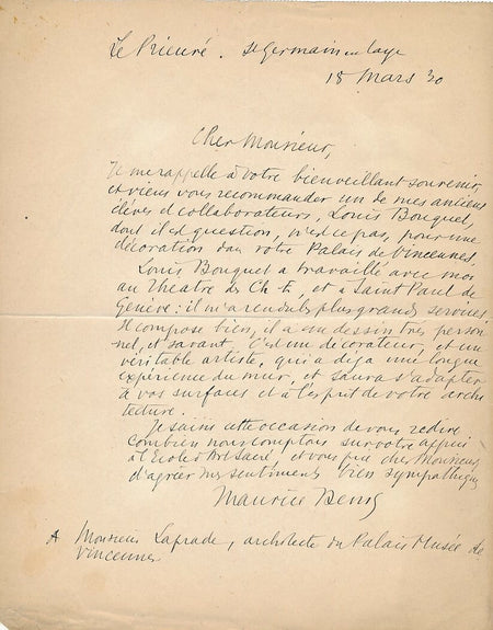 Maurice DENIS à LAPRADE recommande Louis BOUQUET lettre autographe signée 