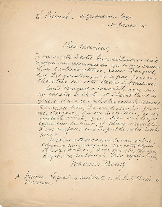 Maurice DENIS à LAPRADE recommande Louis BOUQUET lettre autographe signée 