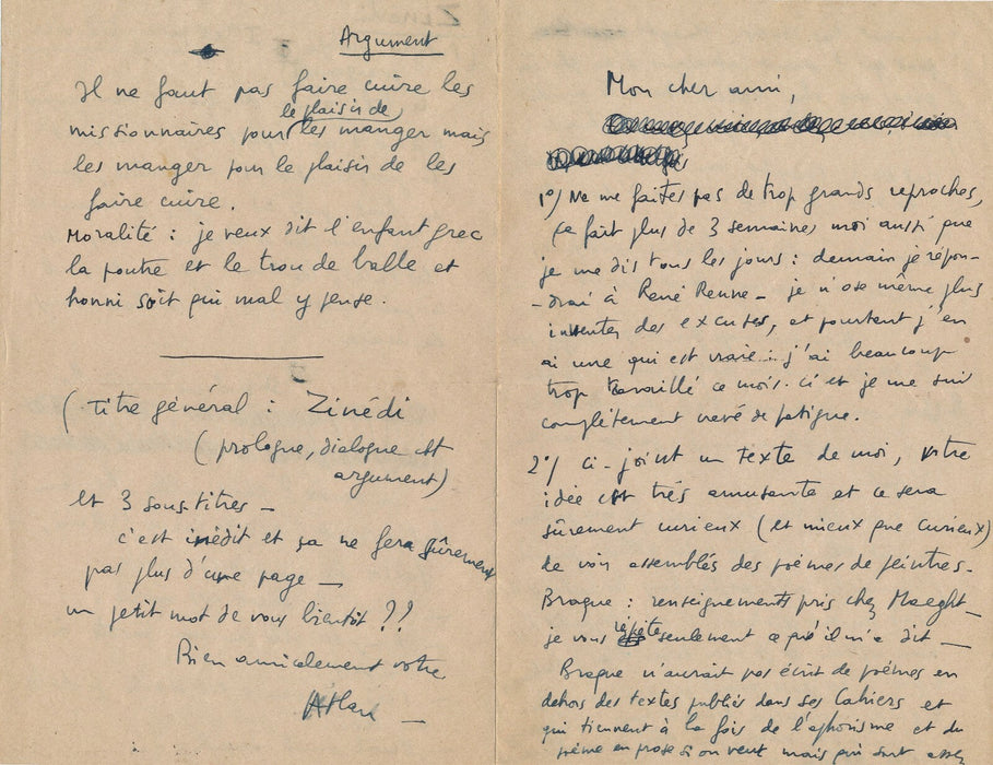 peinture Atlan lettre et manuscrit autographe signé poésie de peintres R. Renne