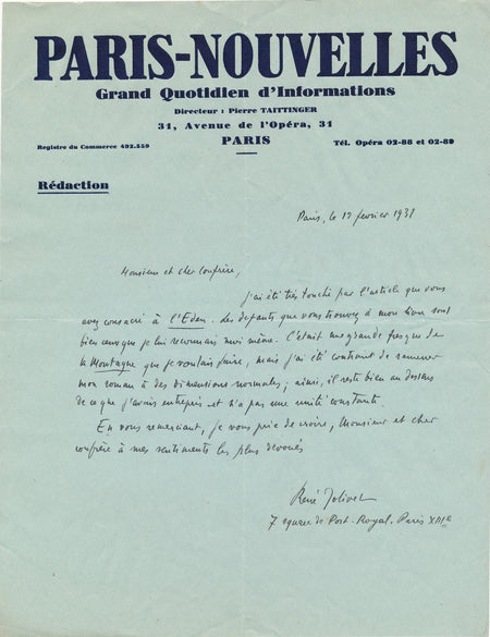 René Jolivet lettre autographe signée l'Eden montagne critique littéraire Gras
