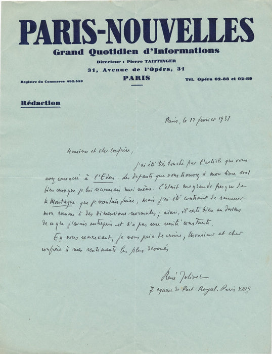 René Jolivet lettre autographe signée l'Eden montagne critique littéraire Gras